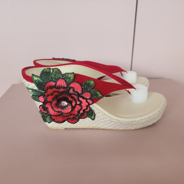Toe Floral Sapo Wedges [BEIGE/RED]