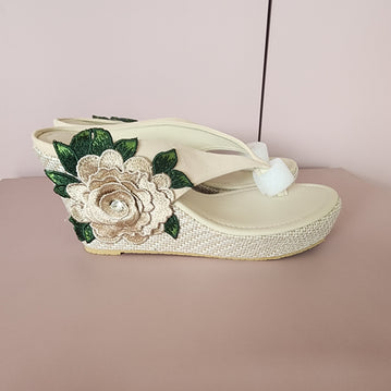 Toe Floral Sapo Wedges [BEIGE/GREEN]