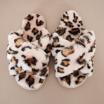 Fur Cross Slippers [Pink/Leopard]