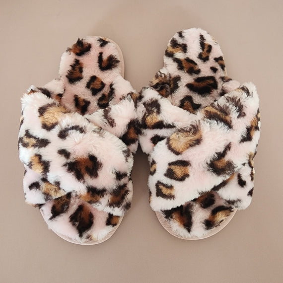Fur Cross Slippers [Pink/Leopard]